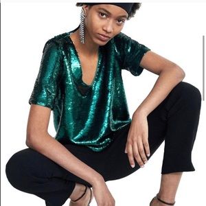 Teal Sequin V Neck Top